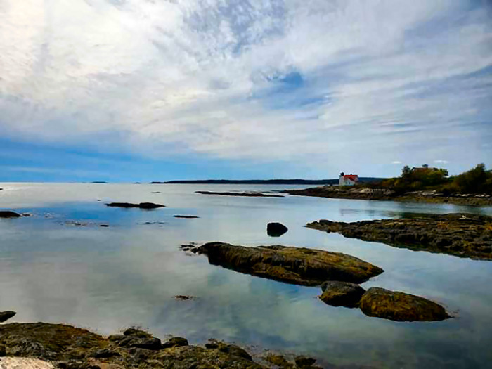 Ledges and lighthouse seen from Gray Homestead Campground