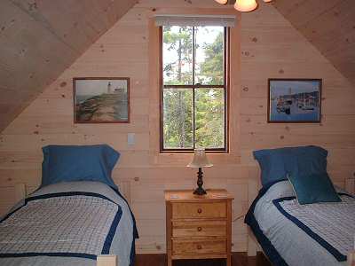twin beds in loft. Gray Homestead cottage rental in Maine near Boothbay Harbor